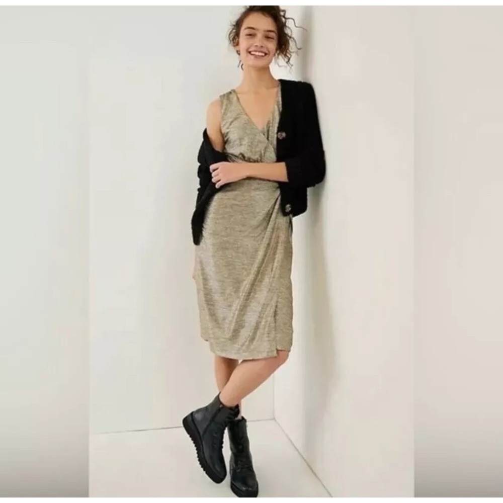 Anthropologie Gold Dress Women’s Large Metallic Midi Cocktail Occasion Glam